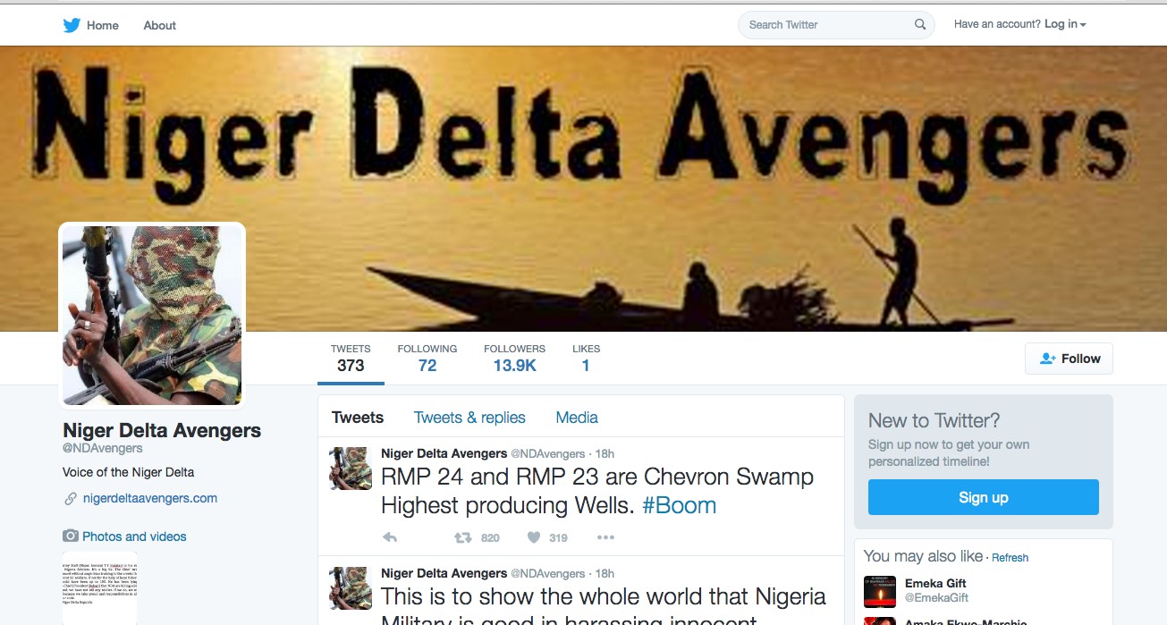 Niger Delta Avengers use their Twitter handle to send messages to the world 