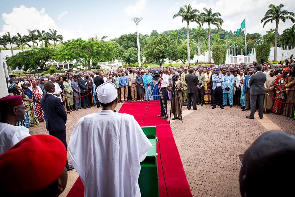 President Muhammadu Buhari meets with Aso Rock staff at an 'interactive meeting' on Wednesday, June 22, 2016 | State House Photo