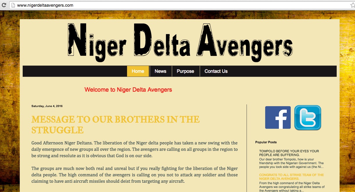 Screengrab from the Niger Delta Avengers website