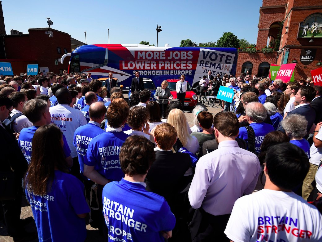 Bretix: Remain supporters and Britain’s Prime Minister David Cameron, Liberal Democrat Leader Tim Farron and Labour MP Harriet Harman listen to Green Party leader Natalie Bennett speak at a Remain in the EU campaign event. |Dylan Martinez / Reuters