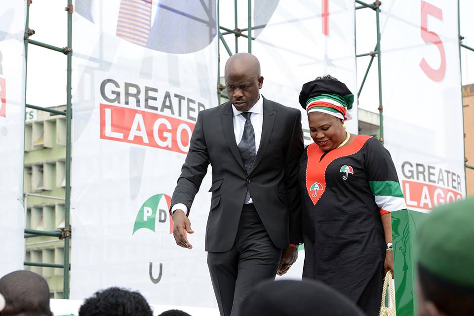 Senator Musiliu Obanikoro pictured with his wife, Moroophat at a 2014 PDP campaign event in Lagos, Nigeria