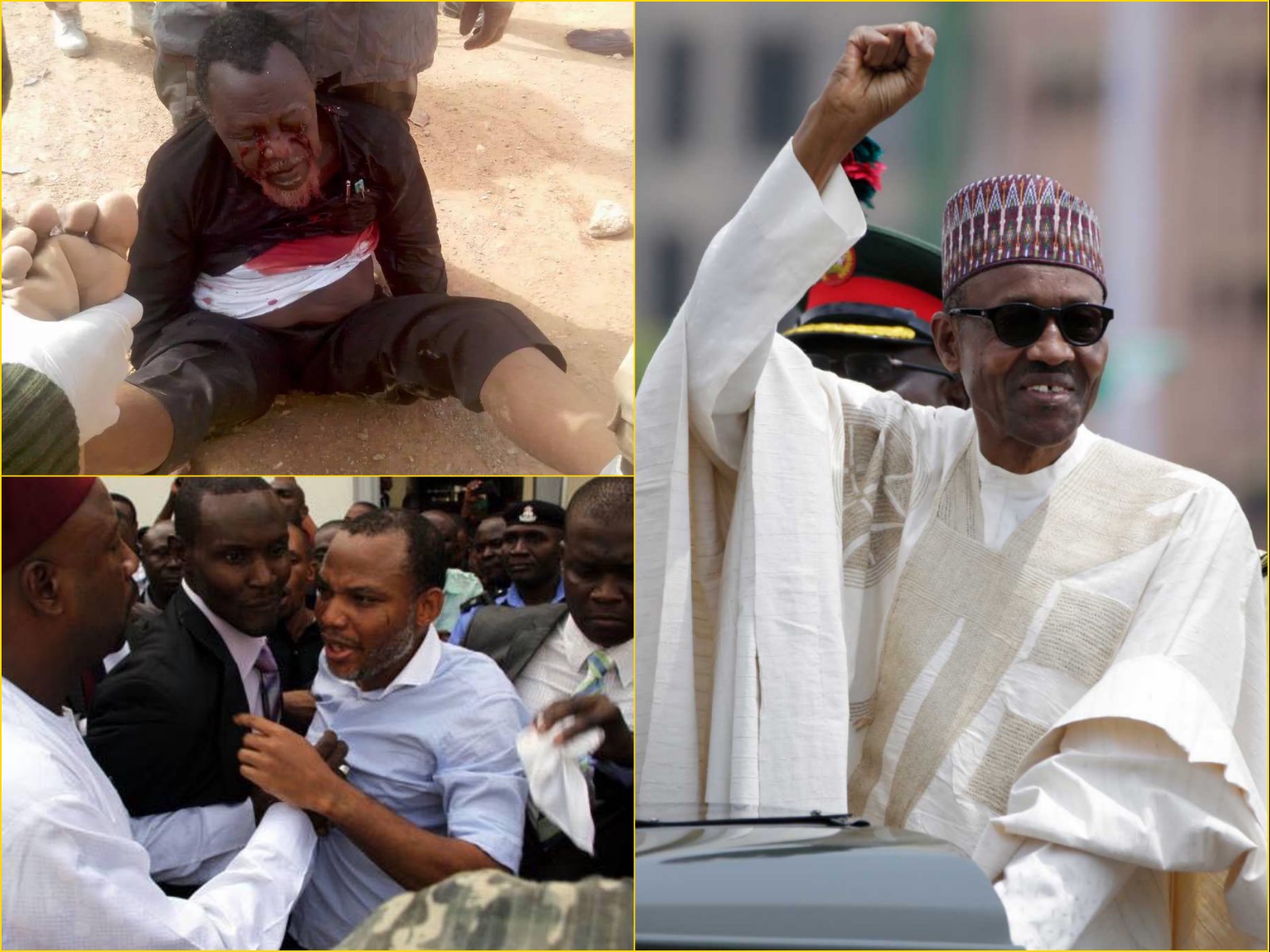 Clockwise from Top Left: Shiehk Ibrahim Zakzaky, Shi'ite Sect Leader in Zaria who was shot 6 times by Nigerian soldiers and detained without trial by the government for 200 days; President Muhammadu Buhari pictured as his inauguration on May 29, 2015; and Nnamdi Kanu, pro-Biafra activist detained by the secret police since October 2015 over 4 court orders for his bail has been disobeyed by the Buhari government Ibrahim El Zakzaky, El-Zakzaky, Zaria, Shi'ites, Shia