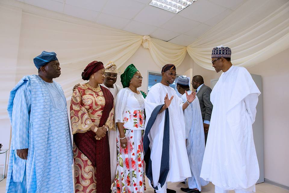 President Buhari with R-L Borno State Governor H.E. Kashim Shettima, Lagos State Governor H.E. Akinwunmi Ambode, Osun State Governor H.E. Rauf Aregbesola, First Lady of Osun State Mrs Sherifat Aregbesola, Deputy Governor of Osun State Chief Mrs Laoye Tomori and Oyo state Governor Abiola Ajimobi at the commissioning of Osogbo Government High School Osun in celebration of Osun at 25 years anniversary on 1st Sept 2016 | Femi Adesina/Facebook