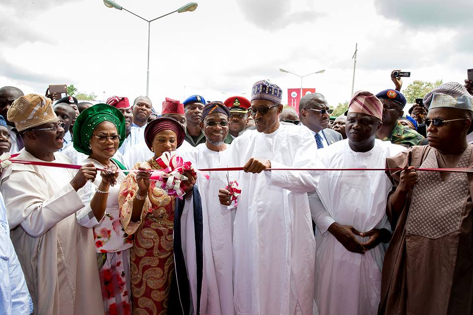 President Buhari with R-L Borno State Governor H.E. Kashim Shettima, Lagos State Governor H.E. Akinwunmi Ambode, Osun State Governor H.E. Rauf Aregbesola, First Lady of Osun State Mrs Sherifat Aregbesola, Deputy Governor of Osun State Chief Mrs Laoye Tomori and Oyo state Governor Abiola Ajimobi at the commissioning of Osogbo Government High School Osun in celebration of Osun at 25 years anniversary on 1st Sept 2016 | Femi Adesina/Facebook