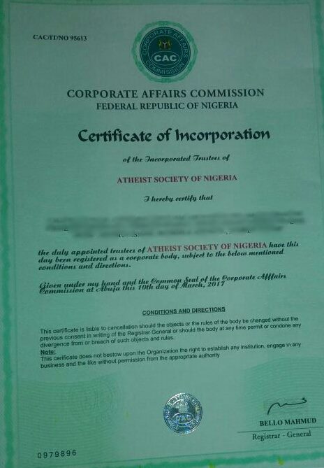 Atheist Society’s certification of incorporation