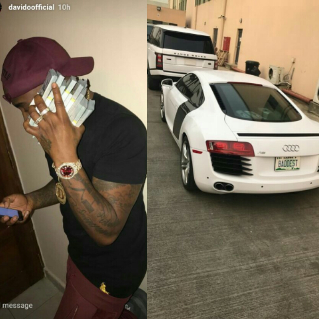 Nigerian music star, Davido, showing us off his new luxury car and a stock of dollars a 