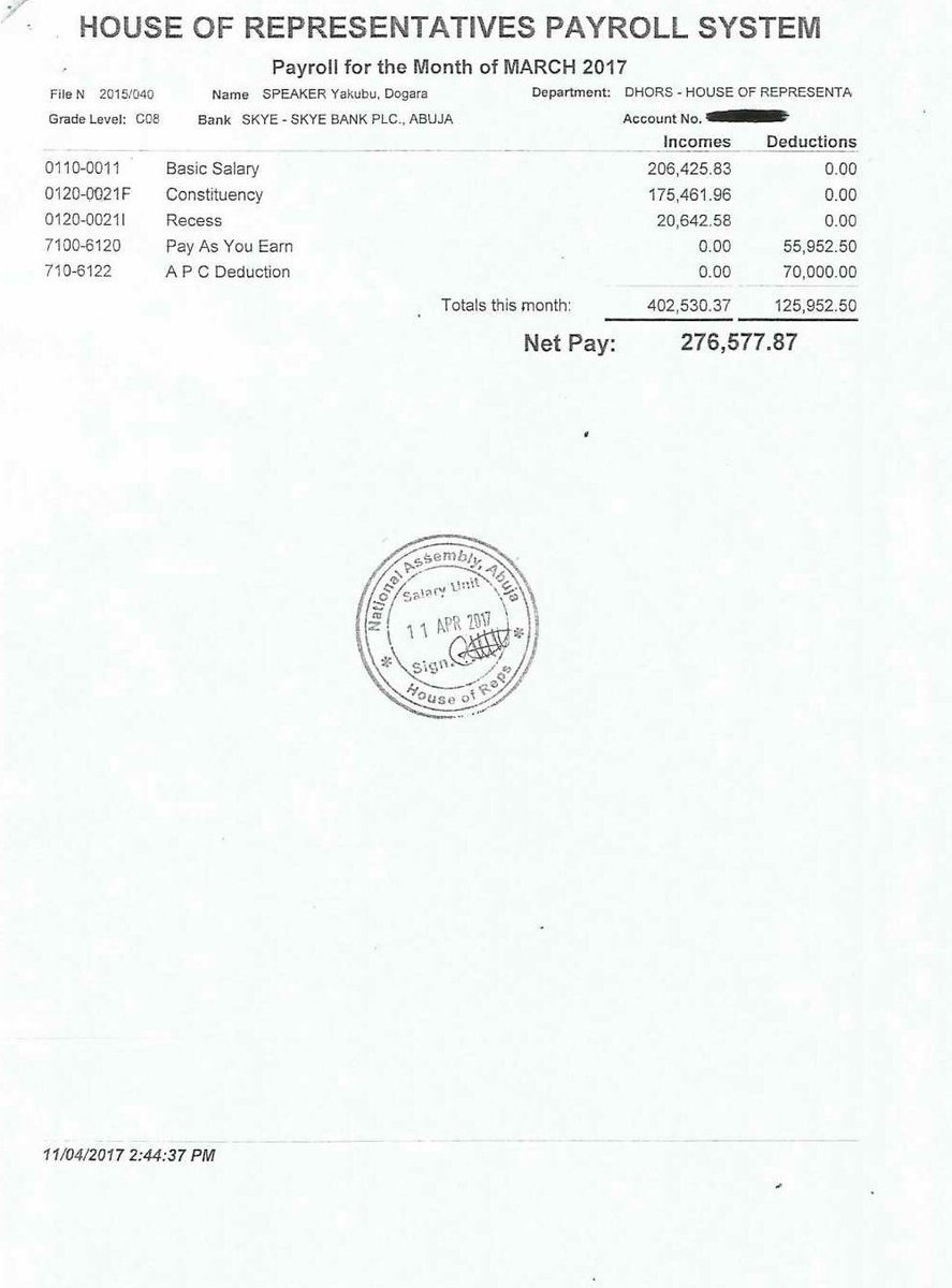 Yakubu Dogara Payslips