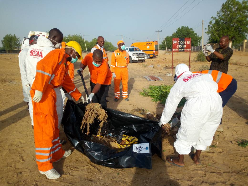 explosions The bodies of female suicide bombers evacuated from military outpost in Borno by NEMA officials | PR Nigeria