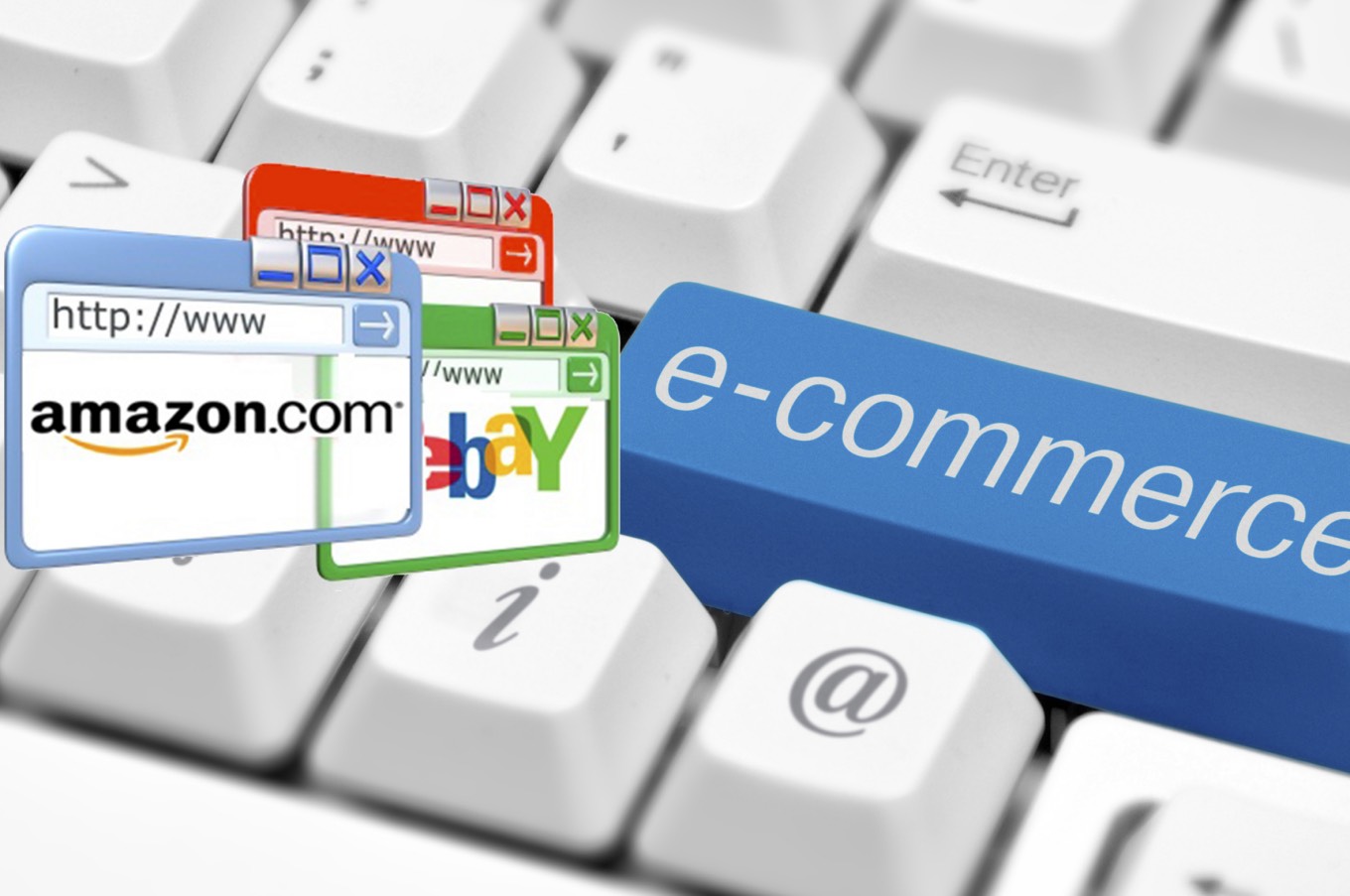 e-commerce key on a white keyboard closeup. E-commerce concept image.