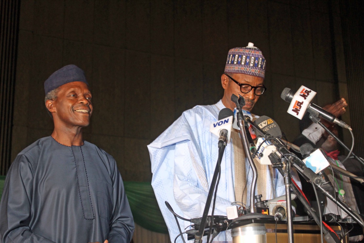 President & VP Elect Muhammadu Buhari and Yemi Osinbajo winners of the 2015 Nigerian Presidential Elections at INEC certification Abuja Nigeria on April 1, 2015
