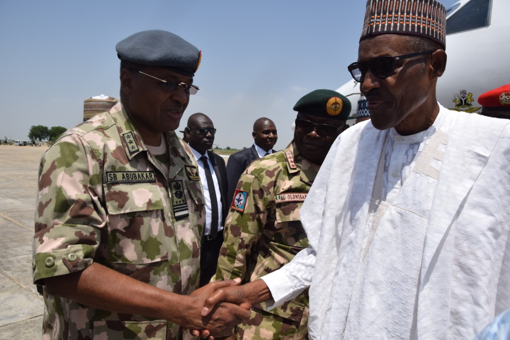 President Muhammadu Buhari visits the troops in the frontlines of the war against Boko Haram in Borno on October 1, 2017