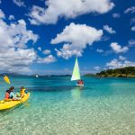 family_travel___Mother_and_son_paddling_on_colorful_yellow_kayak_at_tropical_ocean_water_during_summer_vacation