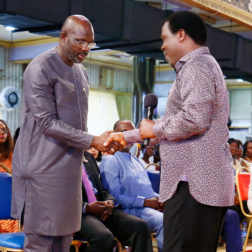 George Weah is received by Prophet TB Joshua at the Synagogue Church of All Nations