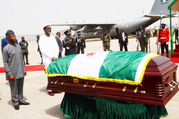 Vice President Prof. Yemi Osinbajo and the Son of Chief Alex Ekwueme Mr Goodharth Ekwueme Paying the Last respect to Chief Alex Ekwueme at the Nnamdi Azikiwe International Airport in Abuja Monday, Jan 29, 2018 | Photo Philip Ojisua