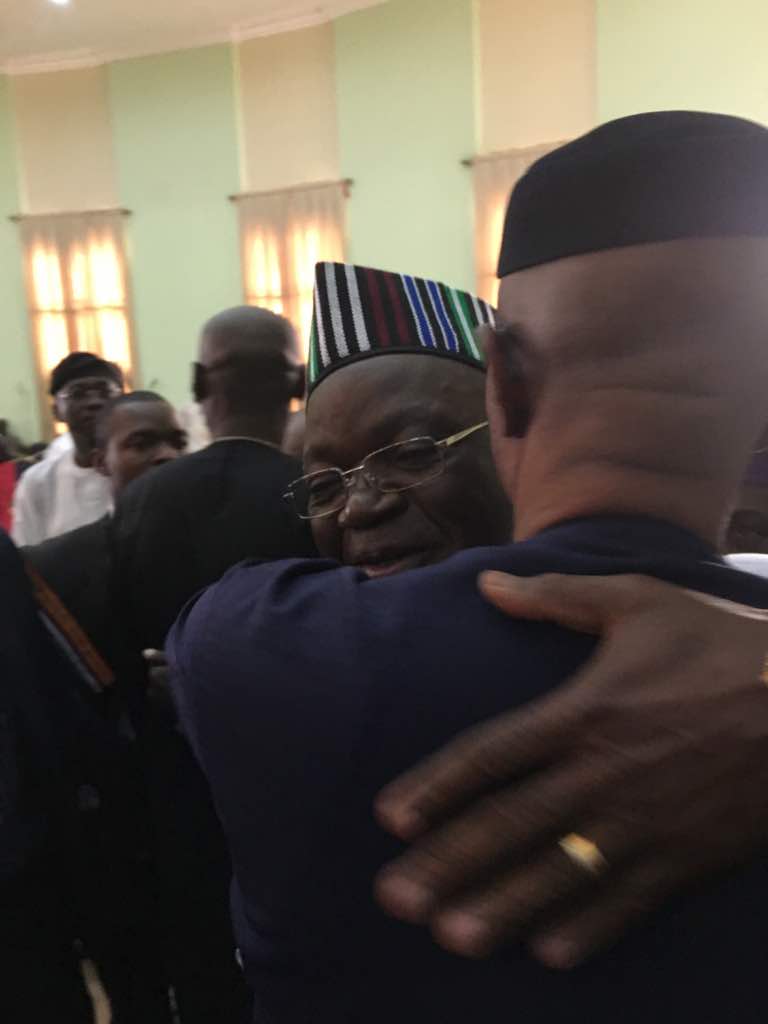 Dr. Mimiko and Governor Ortom share a hug on Wed, Jan 16, 2018 in Makurdi