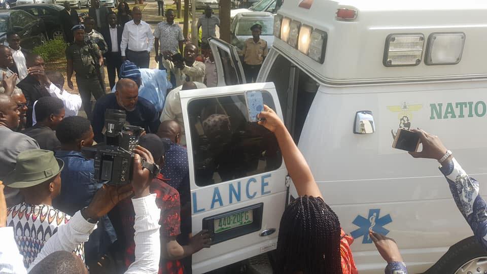 Olisa Metuh arrives the court on a stretcher on Monday, Feb 6, 2018 in Abuja