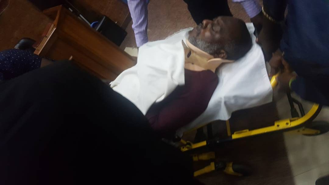 Olisa Metuh arrives the court on a stretcher on Monday, Feb 6, 2018 in Abuja Olisa Metuh arrives the court on a stretcher on Monday, Feb 6, 2018 in Abuja