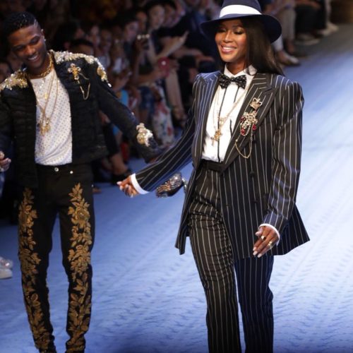 Wizkid with Naomi Campbell on the runway in Milan for Dolce &Gabbana