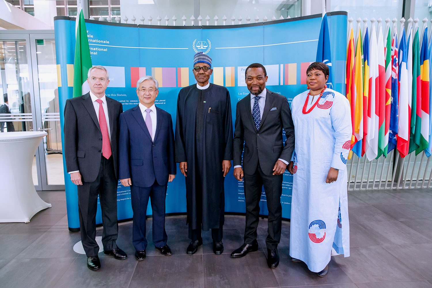 President Buhari L-R: ICC Registrar Mr Peter Lewis, President of the Assembly of States Parties to the Rome Statute, President O-Gon Kwon, President of ICC Judge Chile Eboe-Osuji and ICC Prosecutor Mrs Fatou Bensouda ahead of his presentation at the 20th Anniversary of the International Criminal Court (ICC) at the Hague, Netherlands on 17th July 2018