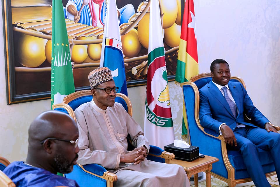 President Buhari with President of Togo Gnassingbe Fraure and President of Liberia George Weah as he arrives Togo ahead of ECOWAS-ECCAS Summit on 29th July 2018