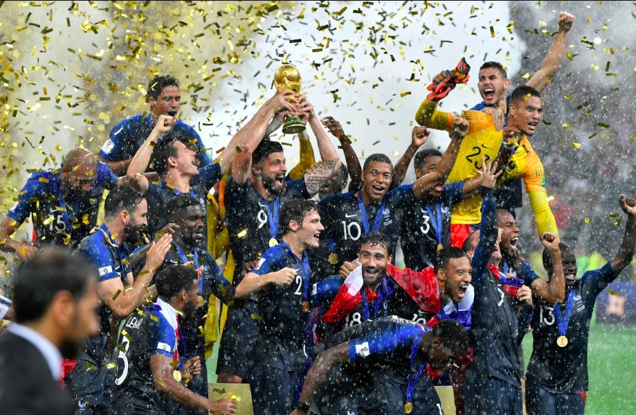 France's Olivier Giroud lifts the trophy after France won 4-2 during the final match between France and Croatia. AAP