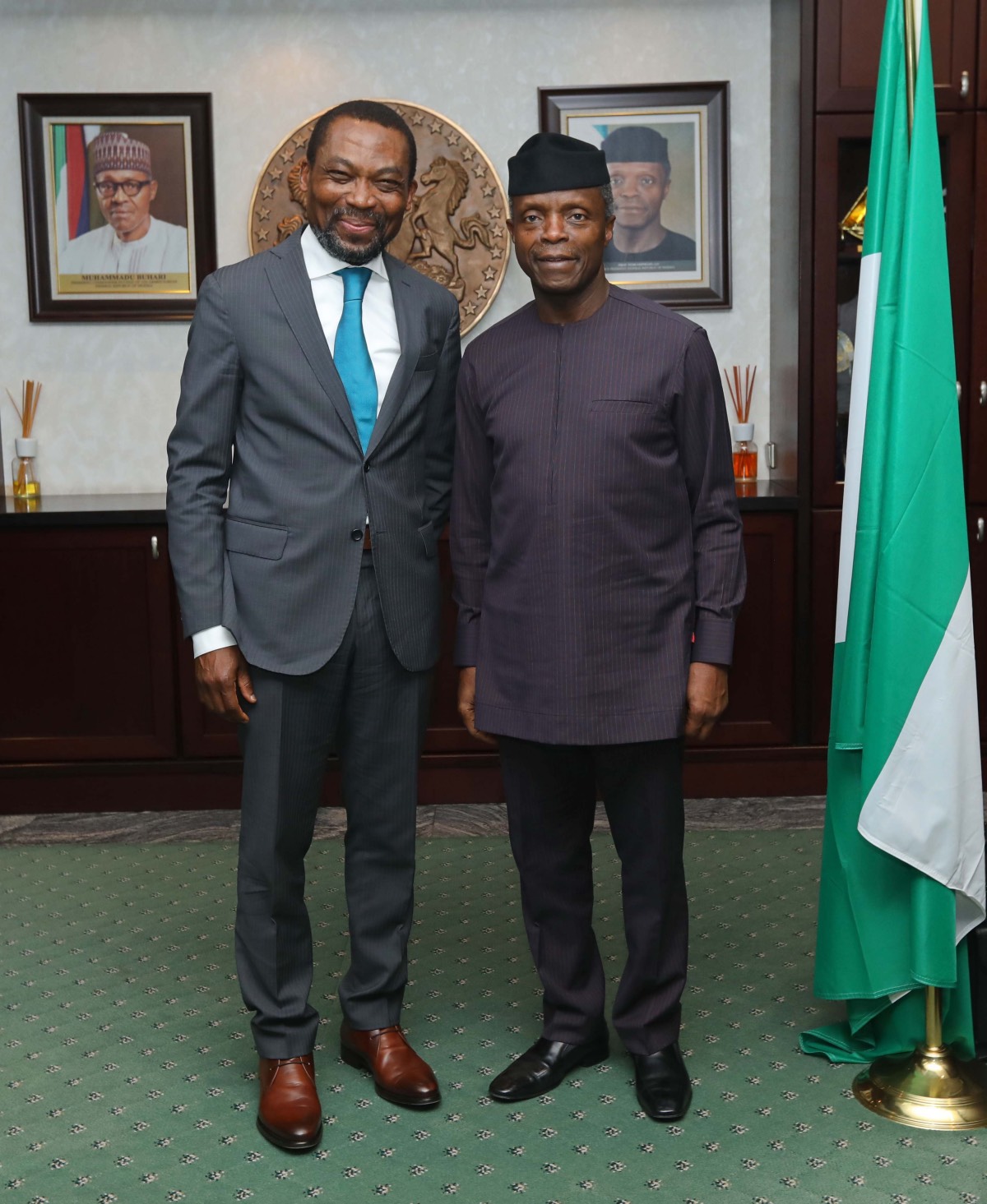 Judge Chile Eboe-Osuji, President International Criminal Court (ICC) on a courtesy visit to Vice President Yemi Osinbajo SAN in his office, State House Abuja on April 13, 2018. |Sesan Adeboyejo