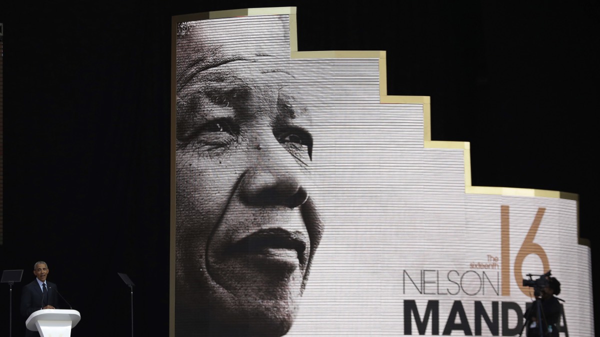 at the Wanderers Stadium in Johannesburg, South Africa, Tuesday, July 17, 2018 to deliver the 16th Annual Nelson Mandela Lecture.