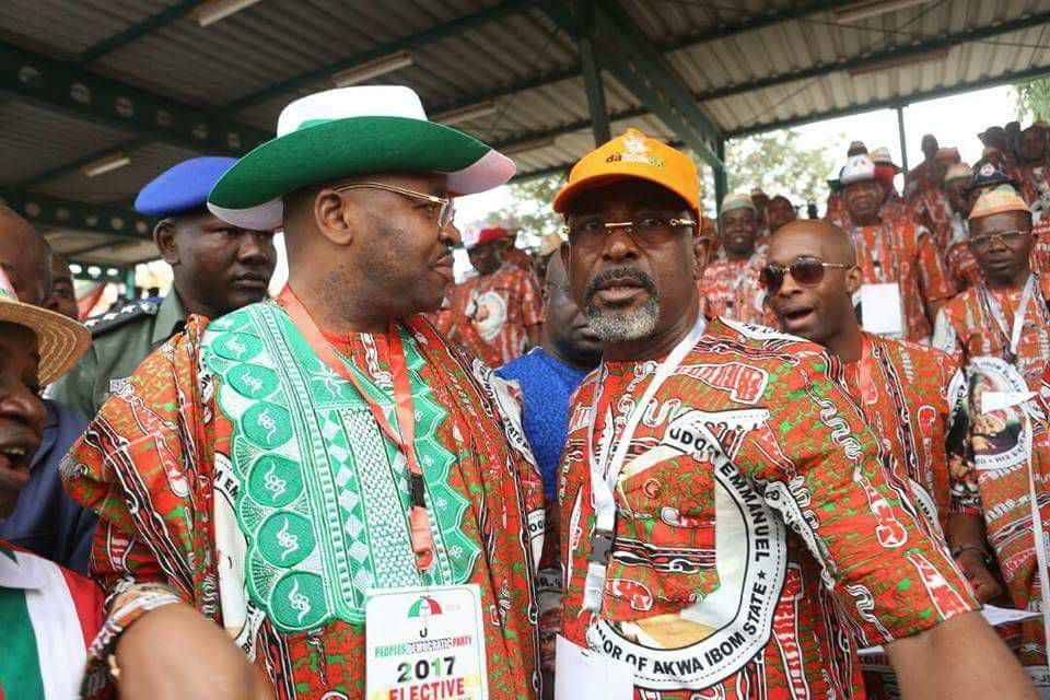 Barrister Emmanuel Enoidem, the national legal adviser of the PDP takes a photo for Udom Emmanuel, the governor of Akwa Ibom State at the 2017 Elective National Convention of the party