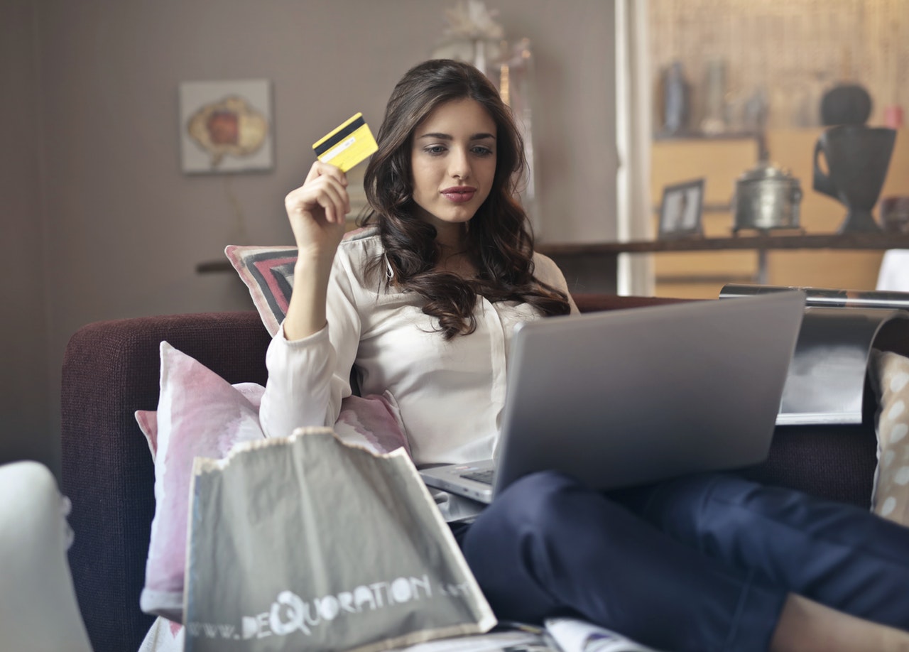 eCommerce marketing, gifts designer online shopping credit card woman laptop shopper