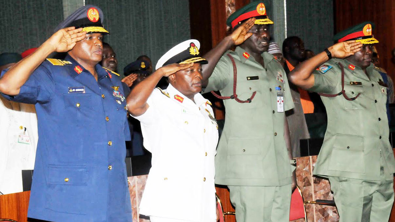 Chief of Air Staff; Air Marshal Sadique Abubakar; Chief of Naval Staff; Vice Marshal Ibok-Ete Ekwe Ibas; Chief of Army Staff; Lt. General Tukur Yusufu Buratai and Chief of Defence Staff; General Abayomi Gabriel Olonisakin. senate