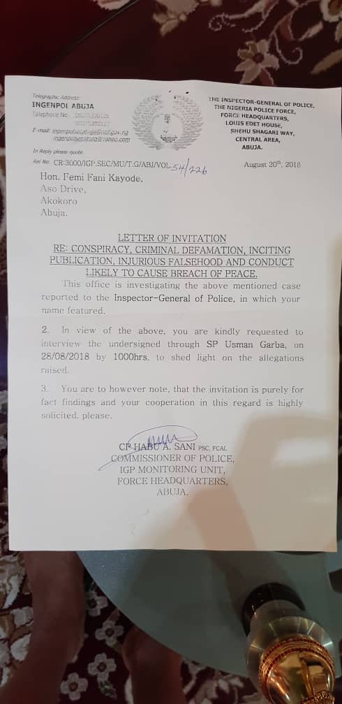 Letter inviting Femi Fani-Kayode for questioning by the Nigerian Police 