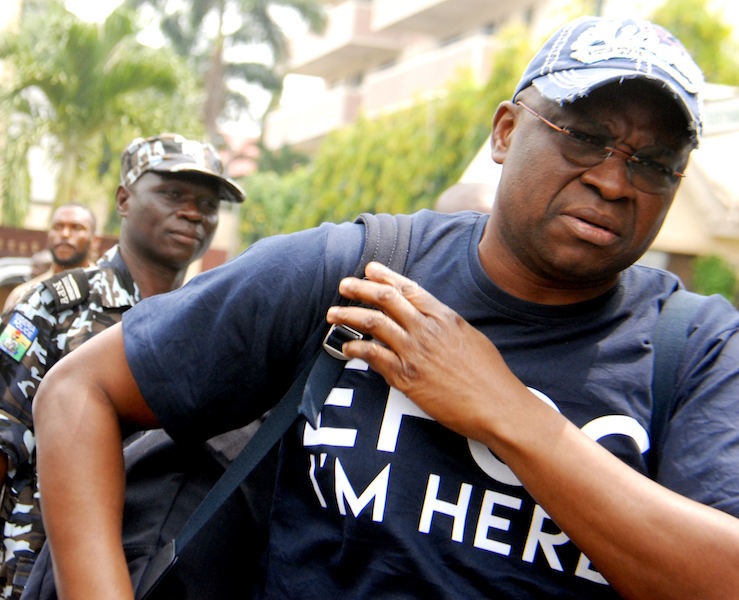 Ayodele Fayose, former Ekiti governor, arrives the Economic and Financial Crimes Commission (EFCC) office wearing a t-shirt with the inscription, 'EFCC, I Am Here' in Wuse, Abuja on Tuesday (16/10/18). | Anthony Alabi/NAN