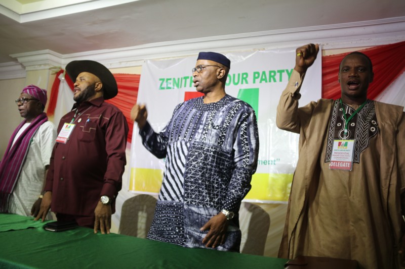 Dr. Olusegun Mimiko, the candidate of the Zenith Labour Party (2nd right) and Dan Nwanyanwu, the national chairman of the ZLB (3rd right) at the national convention of the party in Abuja on October 7, 2019