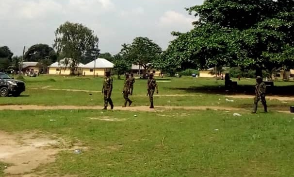Nigerian soldiers disrupt the training at the camp of the Rivers State Neighbourhood Watch Agency at Nonwa in Tai Local Government Area,on Thursday, 29, 2018