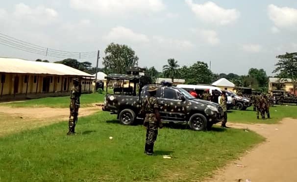 Nigerian soldiers disrupt the training at the camp of the Rivers State Neighbourhood Watch Agency at Nonwa in Tai Local Government Area,on Thursday, 29, 2018