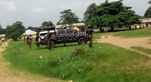 Nigerian soldiers disrupt the training at the camp of the Rivers State Neighbourhood Watch Agency at Nonwa in Tai Local Government Area,on Thursday, 29, 2018