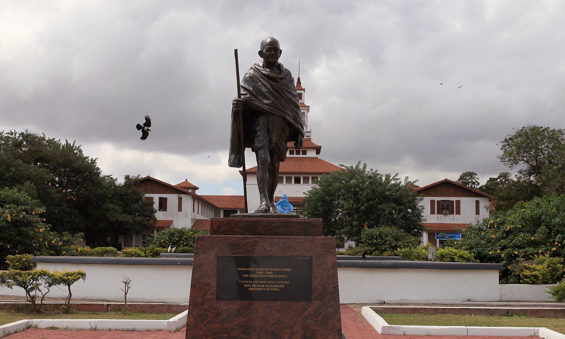 A statue of Indian independence leader Mahatma Gandhi in Accra, Ghana. The statue at the university was removed in the middle of the night leaving a bare plinth.