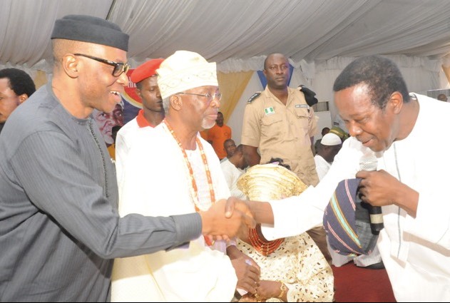 Governor Olusegun Mimiko (left) with Chief Frederick Fasehun at the OPC founder's 80th birthday celebration in 2015. Chief Sunny Ade, a legendary musician greets the governor