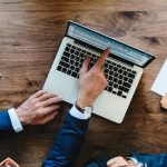 Aerial view of businessman using computer laptop