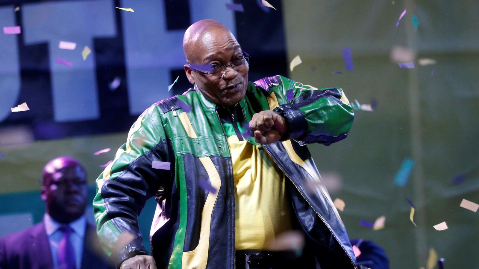 Jacob Zuma dances at a victory rally of the African National Congress in 2014