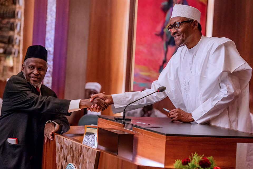 Walter Onnoghen Newly sworn in acting Chief Justice of Nigeria, Ibrahim Tanko Mohammed and President Muhammadu Buhari