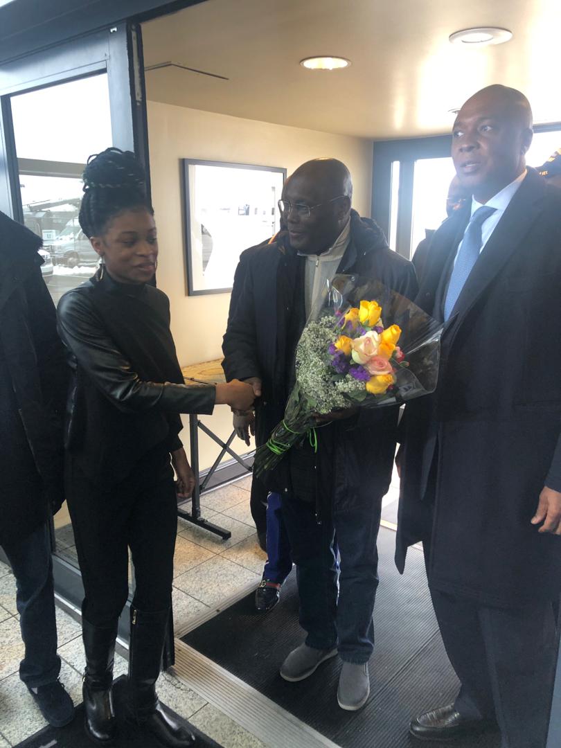 Former Vice President Atiku Abubakar, presidential candidate of the People's Democratic Party, PDP, arrives Dulles International Airport in Washington DC on Thursday, January 17, 2019 in company of Senate President Bukola Sarki (right)