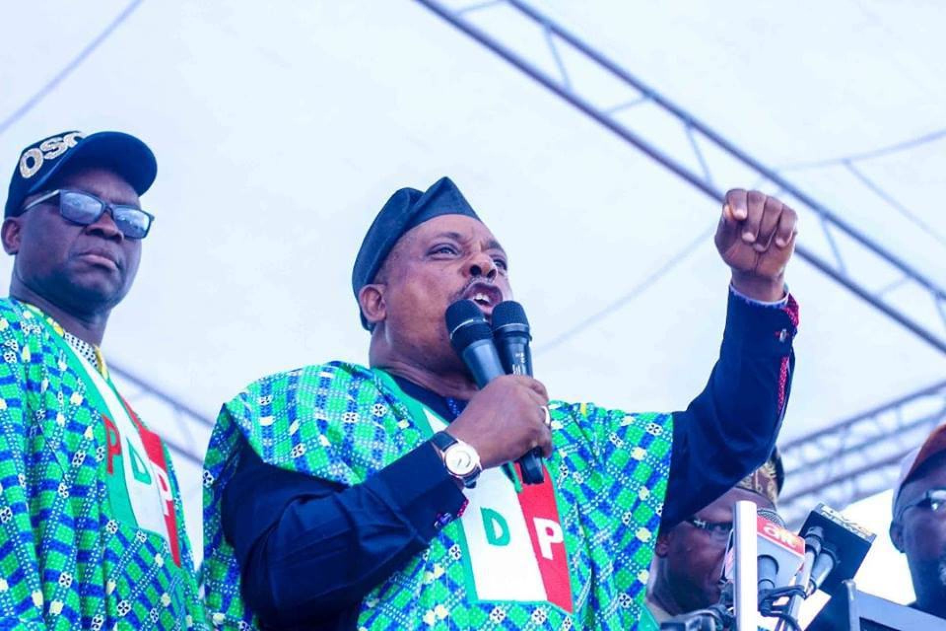 Prince Uche Secondus, the national chairman of the People's Democratic Party, PDP, speaks at a campaign rally in July 1018