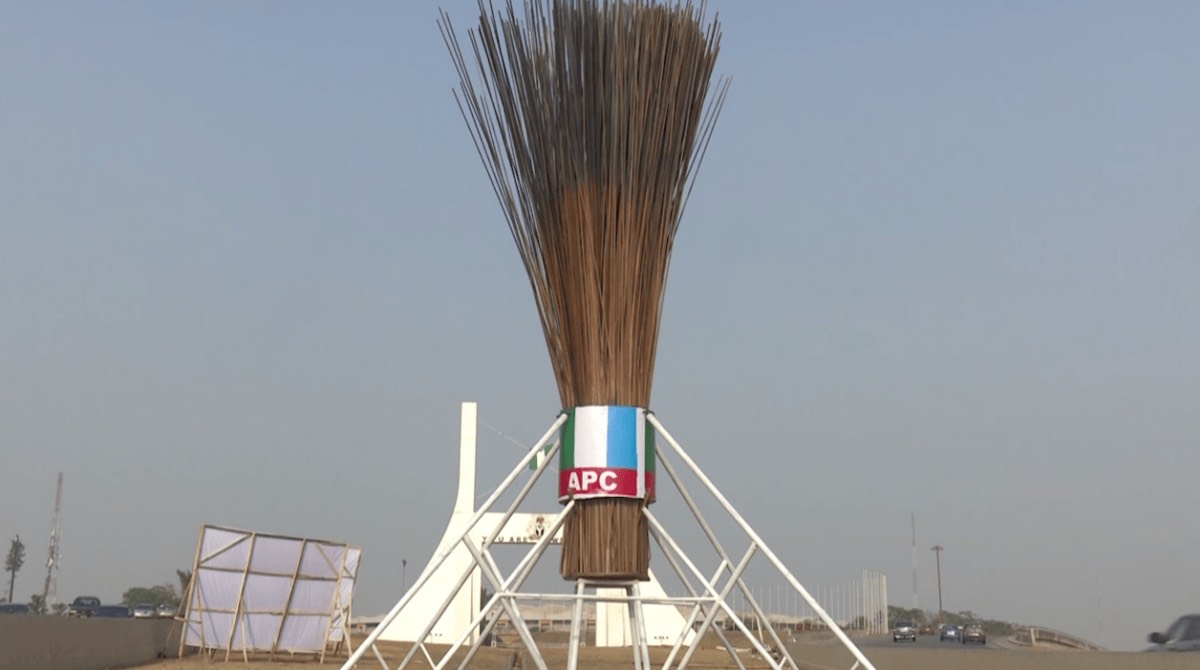 The gigantic APC broom erected at the Abuja City Gate in the Federal Capital Territory