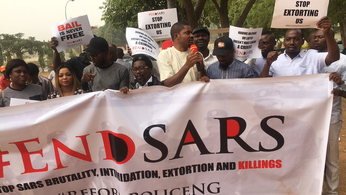 Protesters stage a demonstration agains police t the killings and human rights abuses by the police squad SARS in Nigeria. lagos #endsars