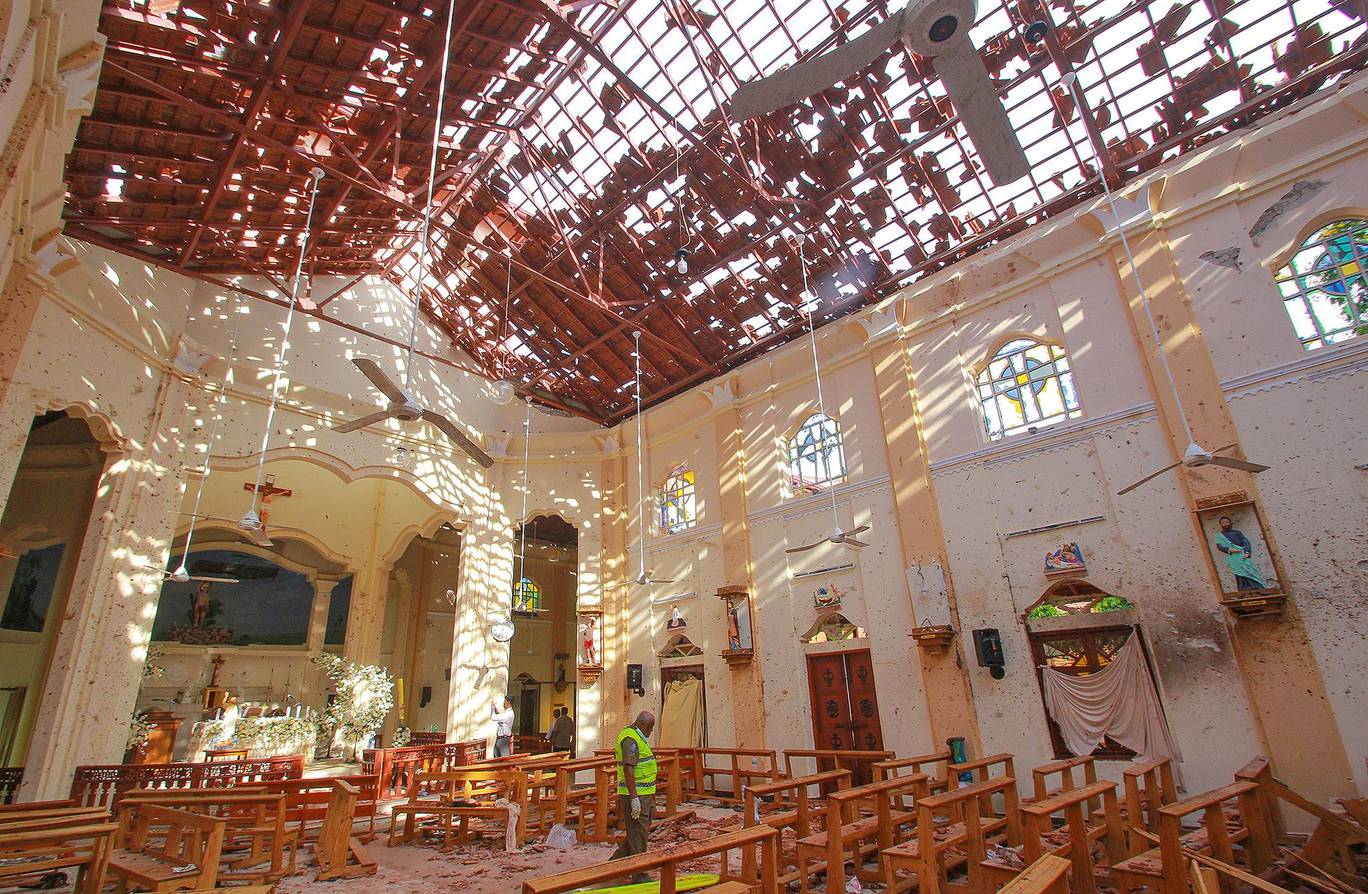 The damaged interior of a church in Negombo, Sri Lanka following a bombing attack Reuters