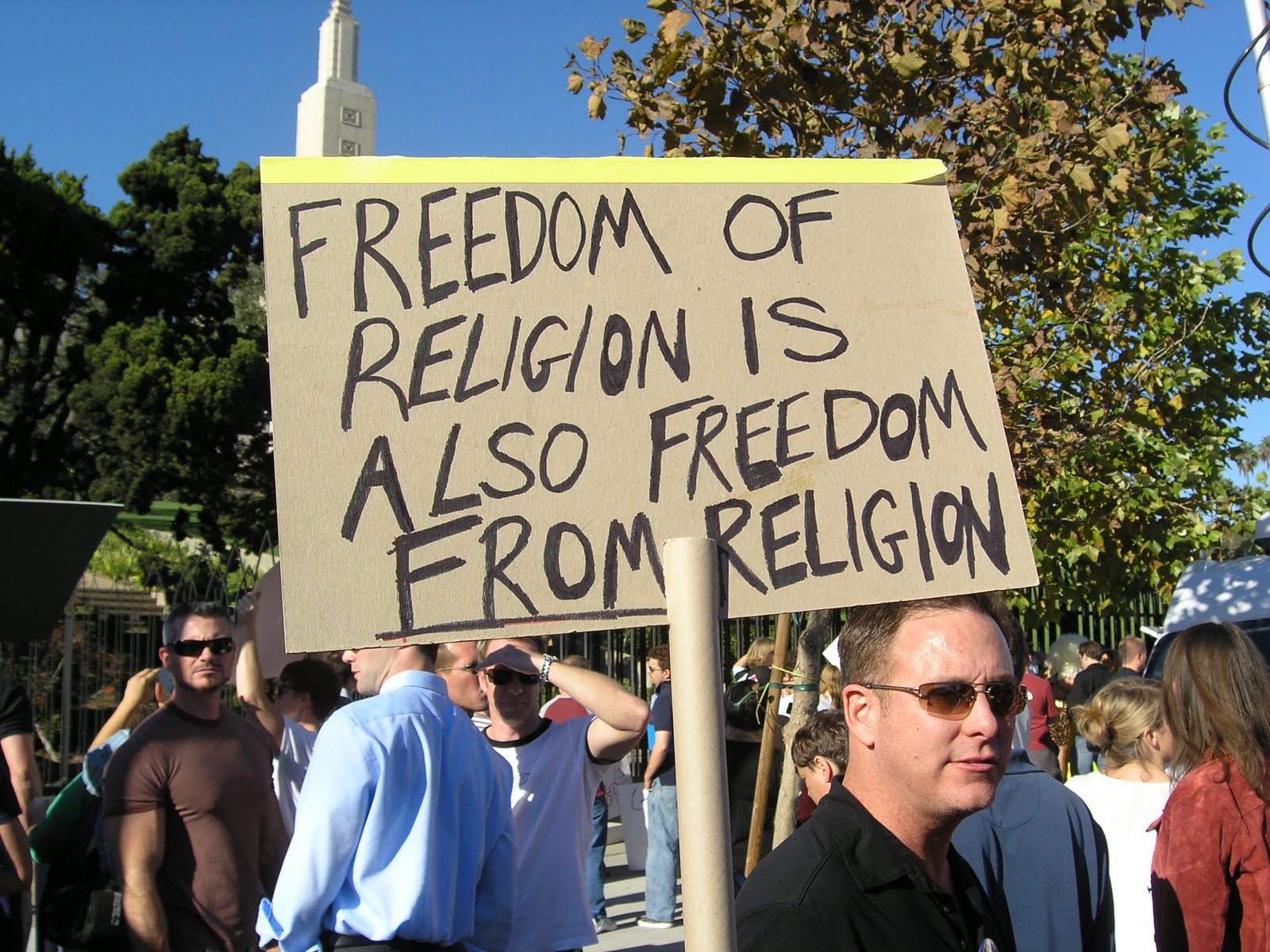 Freedom of religion is also freedom from religion separation church and state California proposition 8 protest mormon hypocrisy