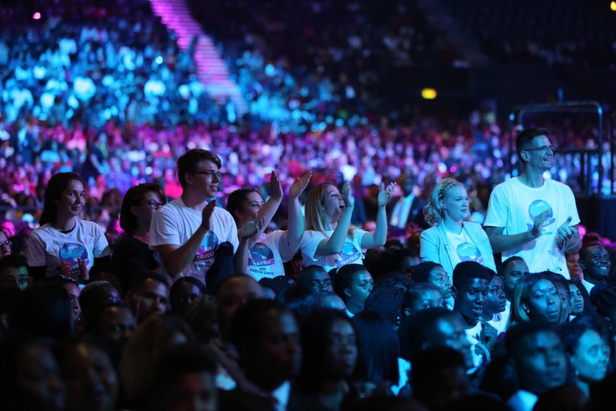 Thousands of people meet at the World Evangelism Conference with Pastor Chris Oyakhilome in London, United Kingdom