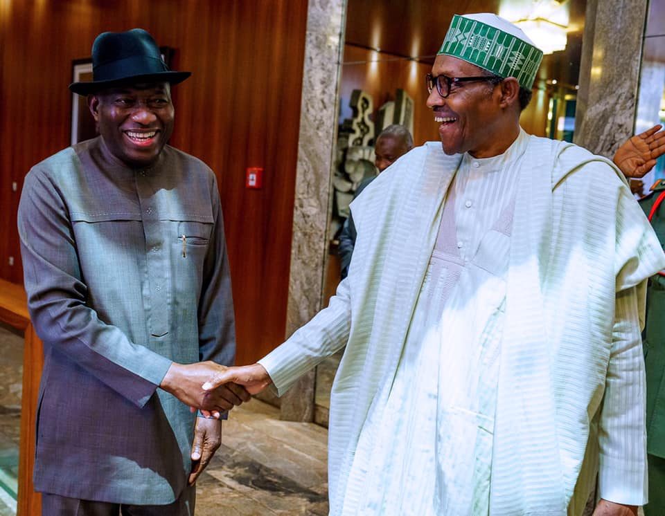 President Buhari receives in audience Former President Goodluck Jonathan in State House on 10th Oct 2019