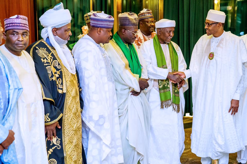 President Buhari with Shaikh Muhammad Lamin Inyas and other leaders as he receives in audience Leaders of Tijjaniyya Movement in State House on 25th Nov 2019 | State House Photo